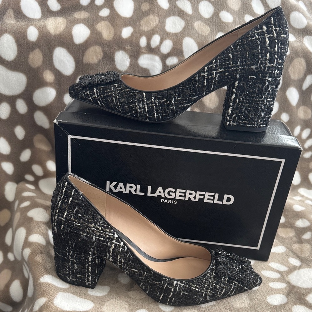 Karl Lagerfeld Black Tweed Block Heel Pumps with White Accent
